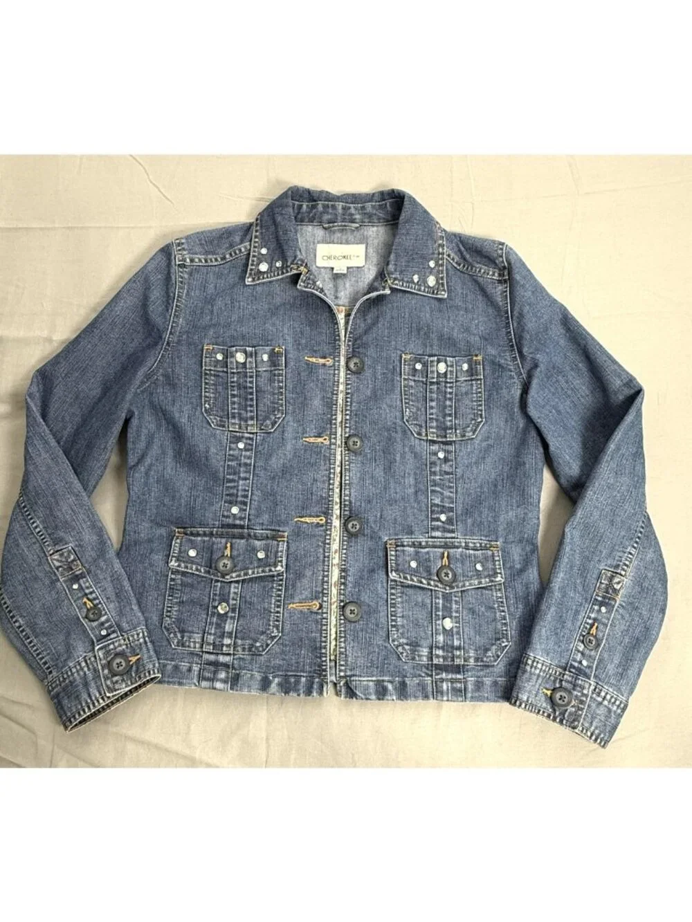 Cherokee Denim Utility Jacket Womens S Blue Jean Custom Rhinestone Studded Chore